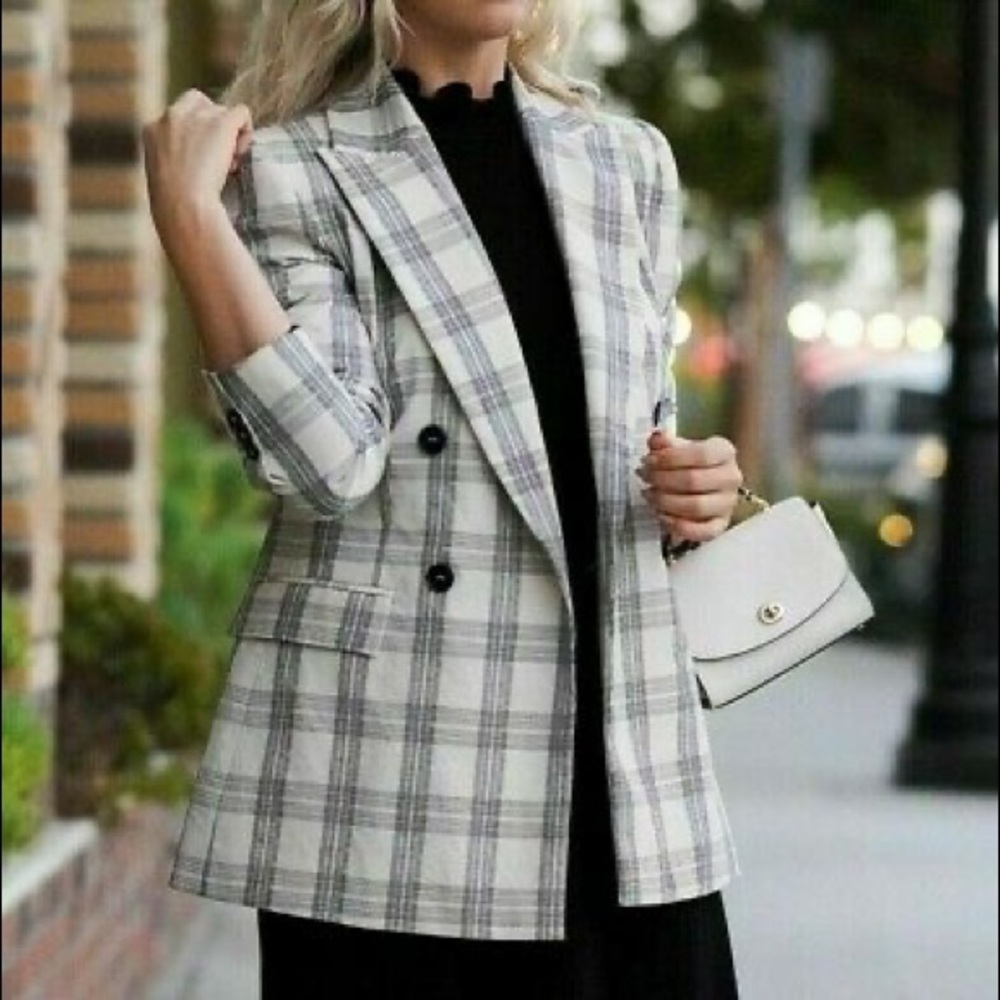 Zara nwt double breasted ecru black plaid blazer